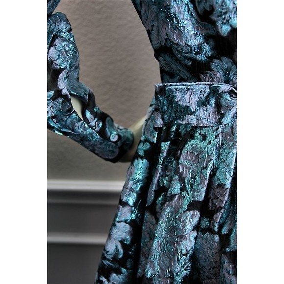 NWT ERDEM Teal Green Metallic Black Gray Floral Flower Gown Midi Dress 44 8 - Picture 7 of 11